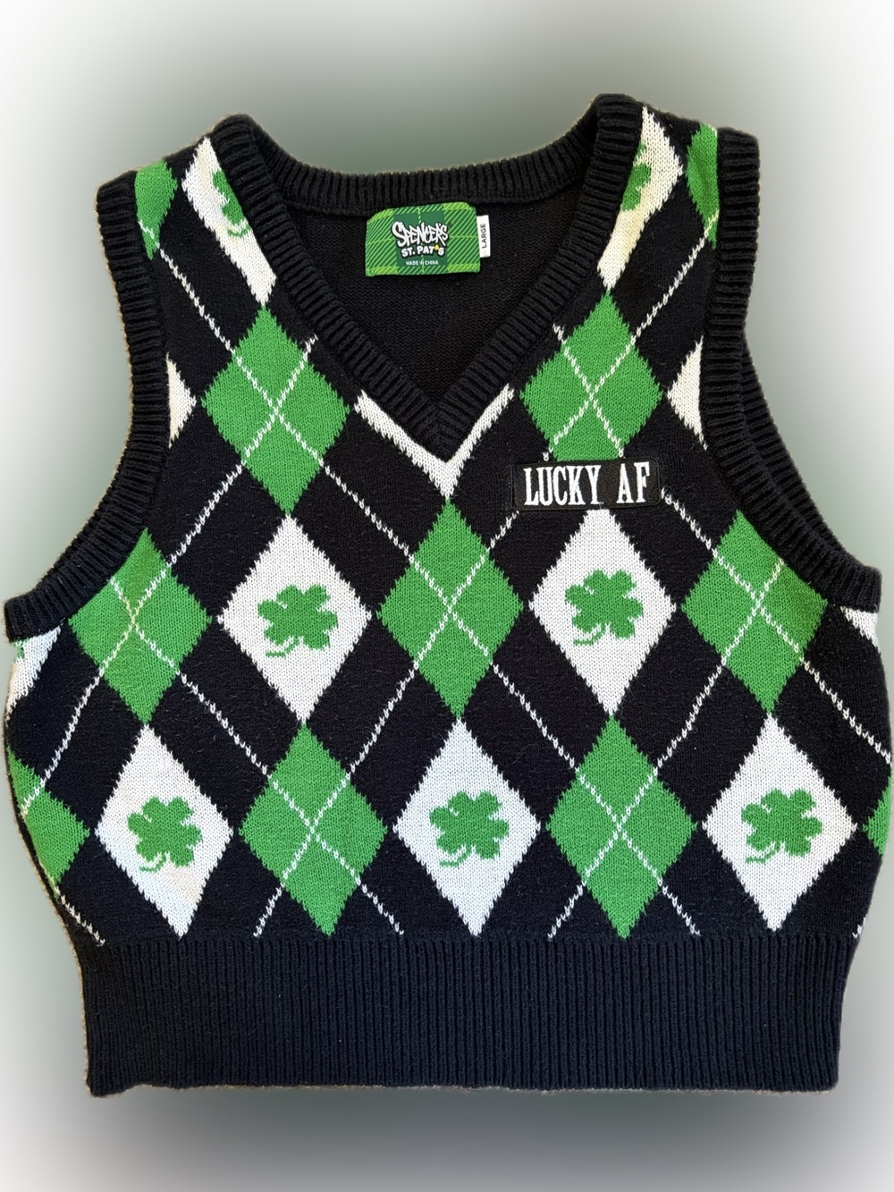 Spencer's Lucky AF Shamrock Argyle Sweater Vest Crop Knit Top St. Patricks Large